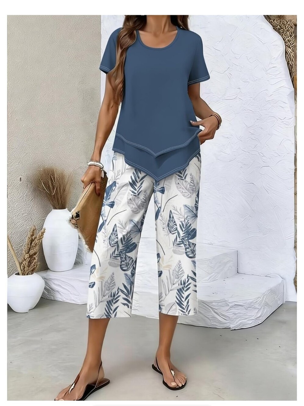 2 Piece Summer Vacation Set, Curved Hem Blue Top & Tropical Leaf Print Pants